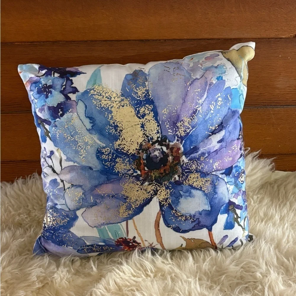 Floral Decorative Pillow with Purple Blue and Sparkling Gold Accents